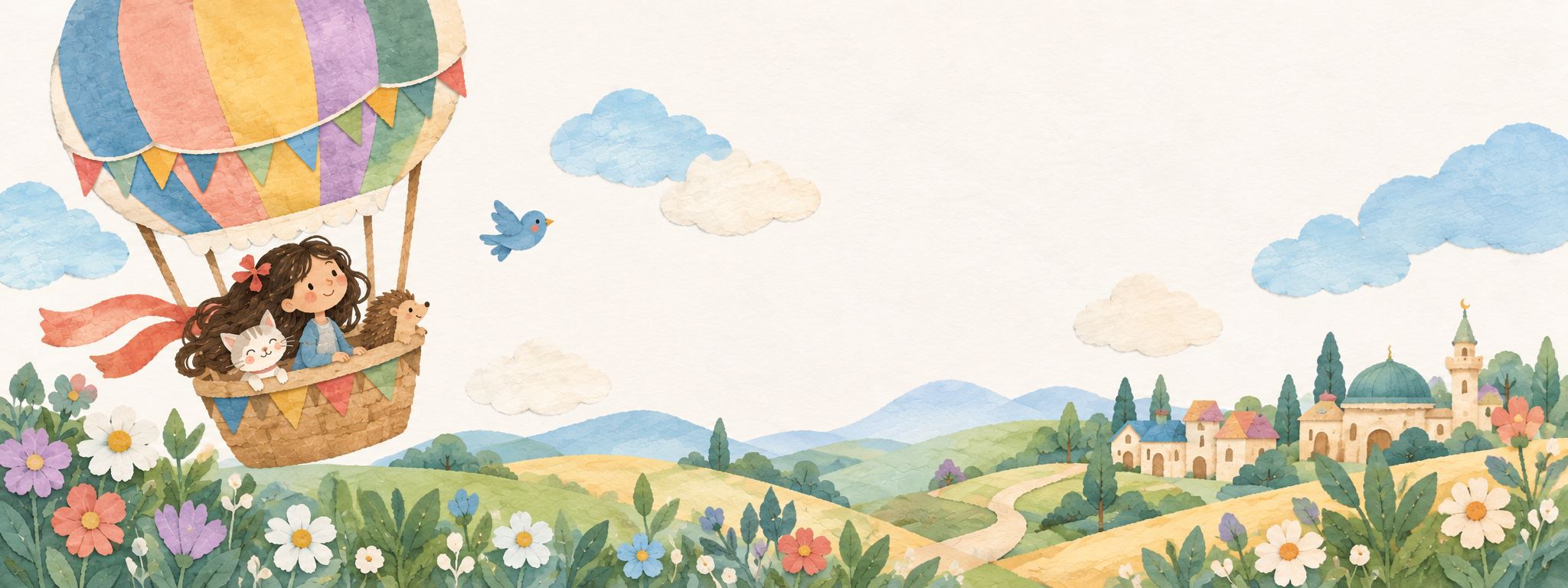 A girl with her cat and a little hedgehog floats in a rainbow hot air balloon over flower meadows, rolling hills and a town with a mosque.